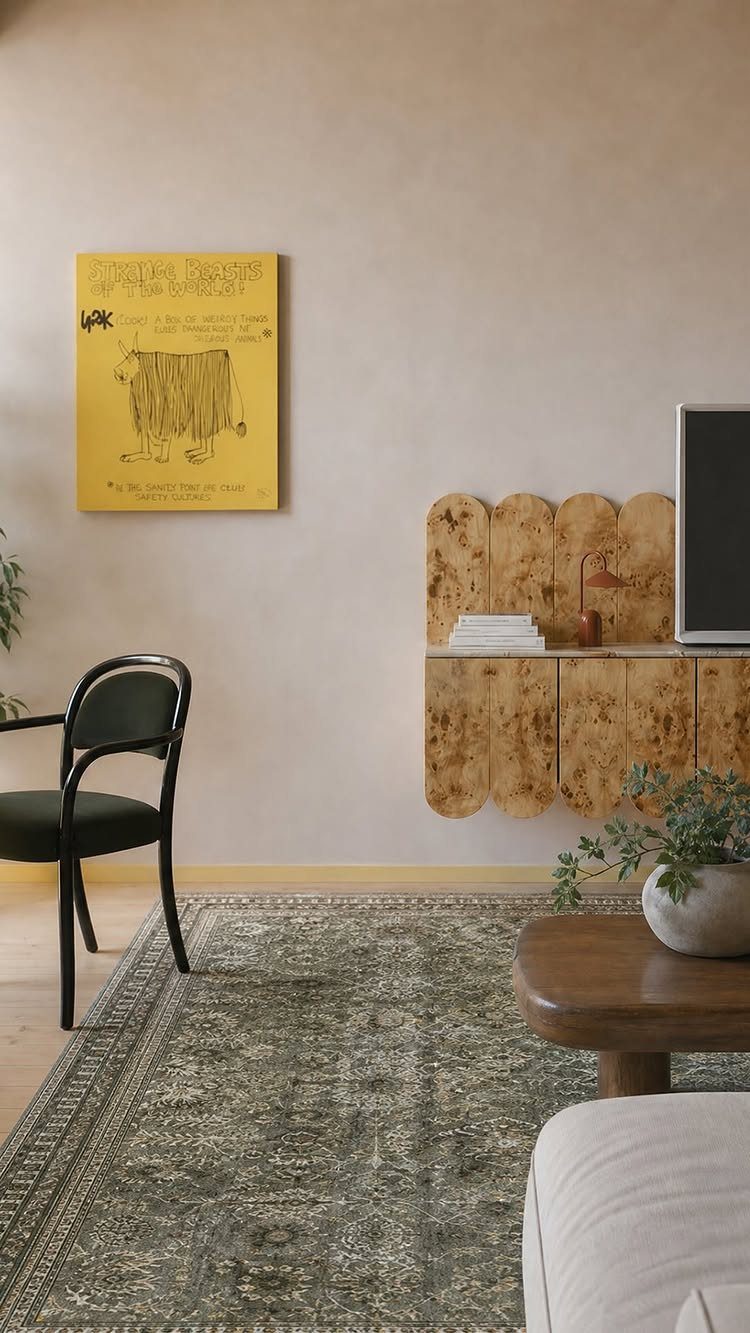 Faded vintage rug with intricate patterns in a modern European style living room.