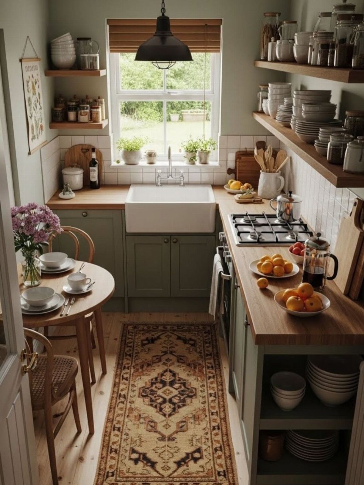 Small galley kitchen with sage green cabinets, wooden counters, and a patterned runner rug.