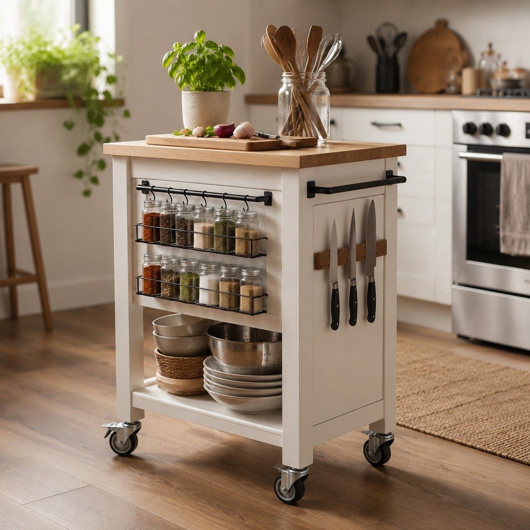White kitchen trolley with wooden top, spice rack, and bowls in a bright kitchen.