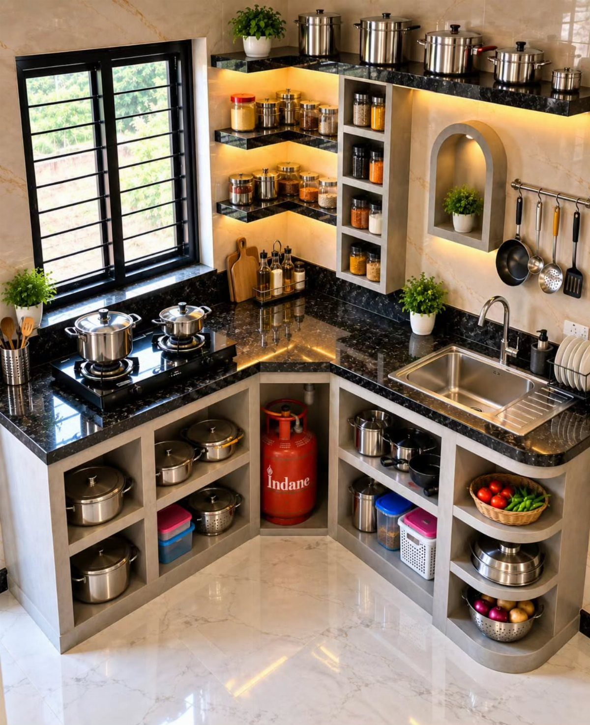 L-shaped kitchen with black countertops, grey open shelving, and a stainless steel sink.