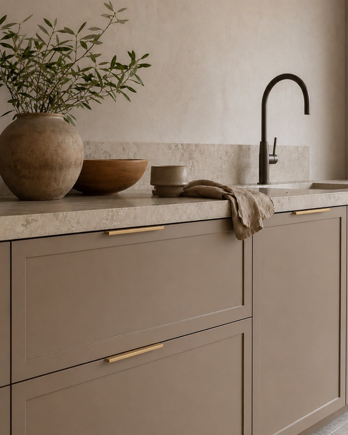 Taupe kitchen cabinets featuring slim gold low-profile handles and a stone countertop.