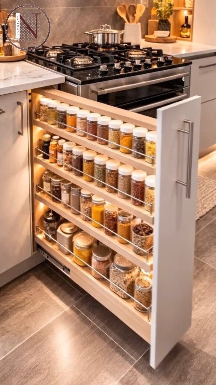 Pull-out pantry drawer with multiple tiers of spice jars in a white kitchen.