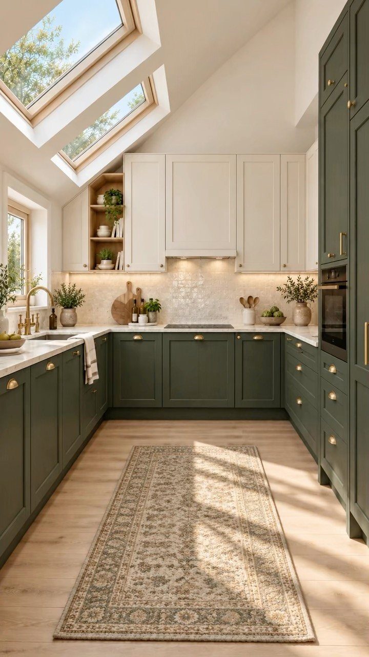Small kitchen with dark green cabinets and two large skylights in a sloped ceiling.