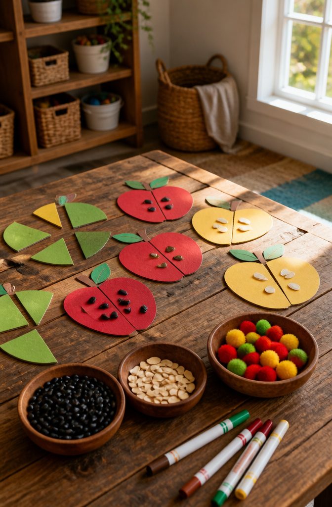 Puzzle pieces shaped like apples with piles of seeds for matching.