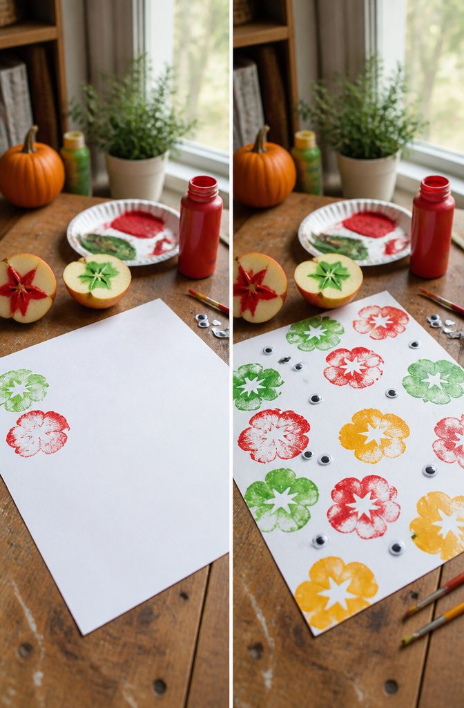 Painted apple halves used for stamping star shapes on paper.