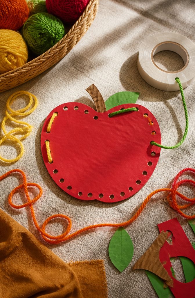 A cardboard apple cutout with holes for threading yarn.