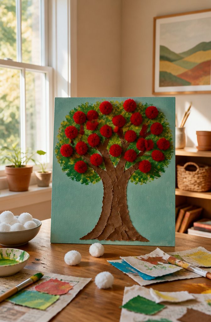 A cotton ball apple tree craft with a brown paper trunk.
