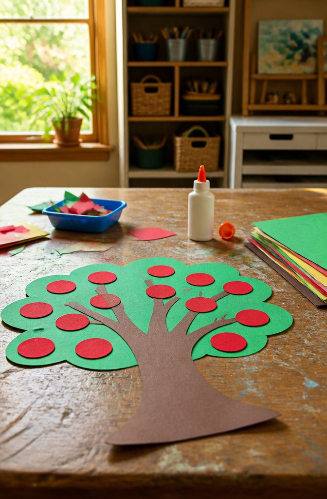 An apple tree craft with red circles representing apples and letters.