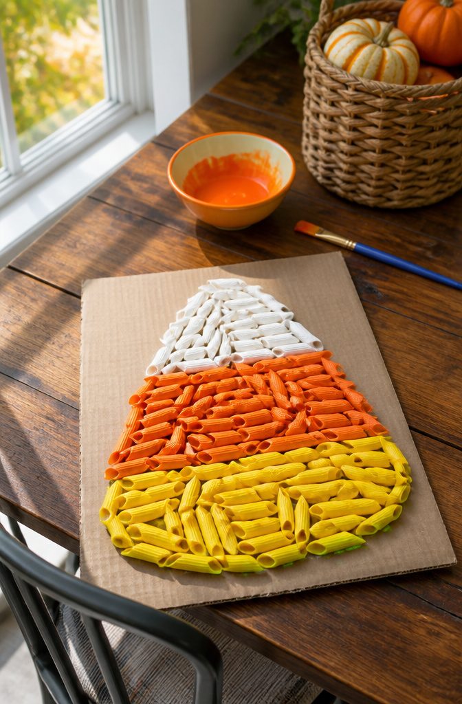 Colored uncooked pasta arranged in candy corn sections on cardboard.