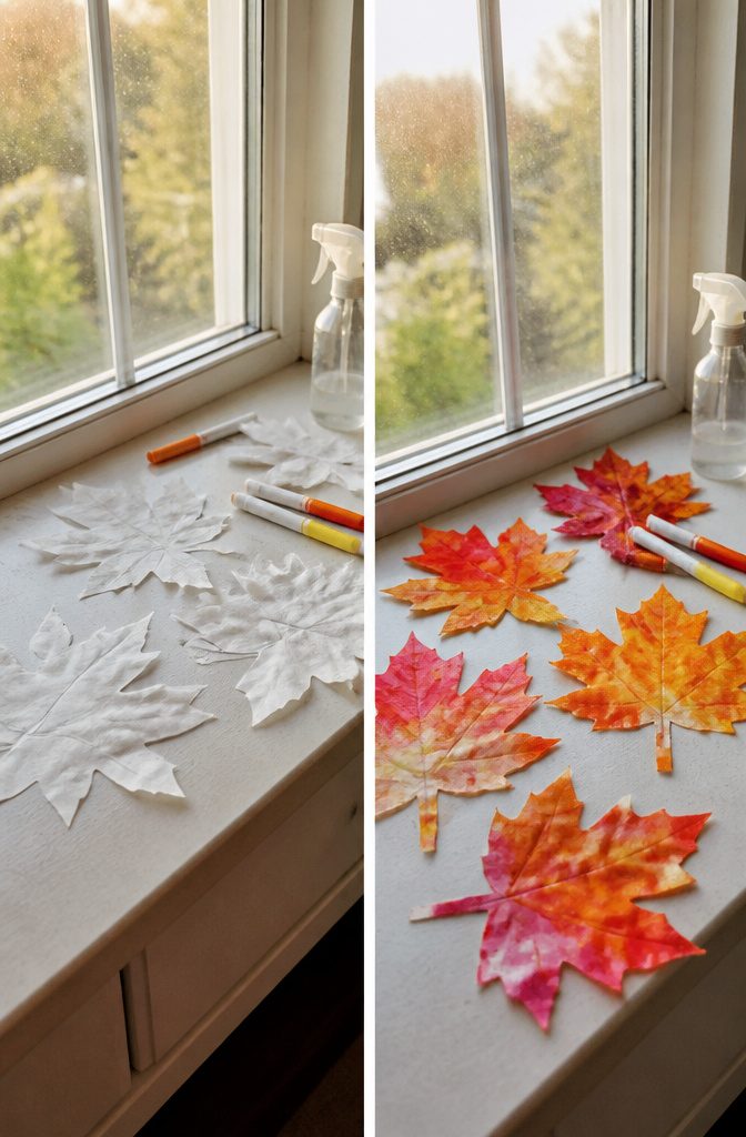 Colorfully painted coffee filter leaves drying on a table.
