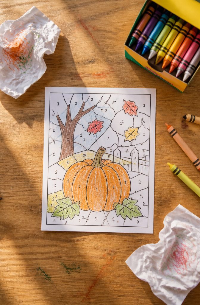 Printed color-by-code sheets with crayons on a table.