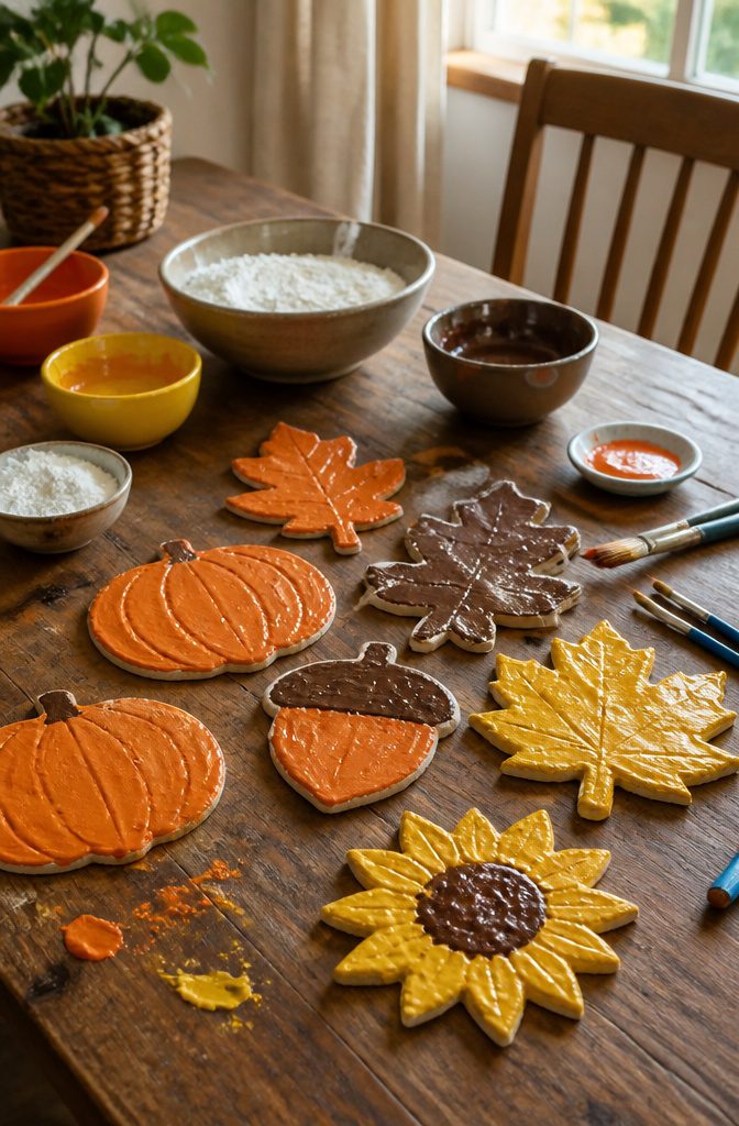 Shapes covered with puffy paint in warm fall colors on a table.