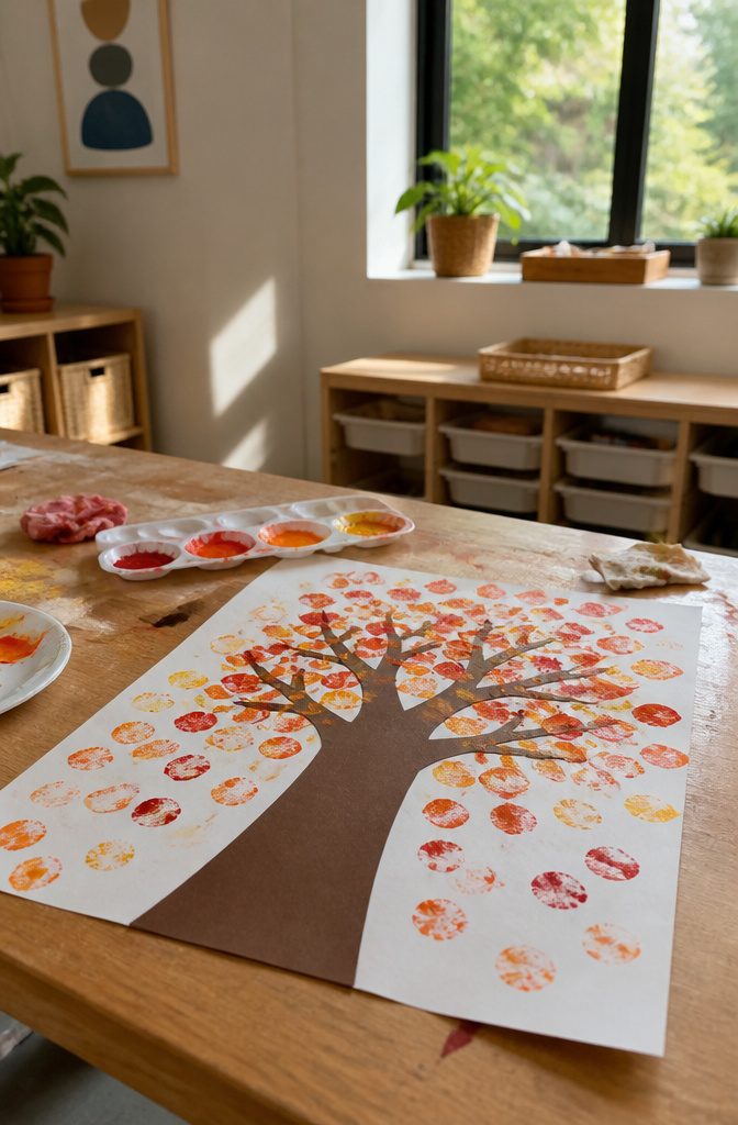 A tree trunk with colorful fingerprint leaves in red and yellow.