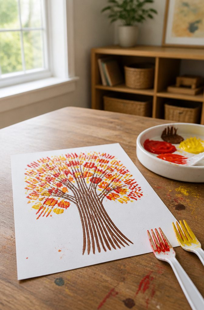 A tree trunk made from fork prints with colorful leaves on paper.