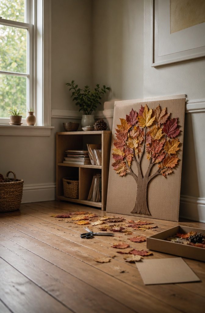 A tree trunk made from cardboard with real leaves glued on.