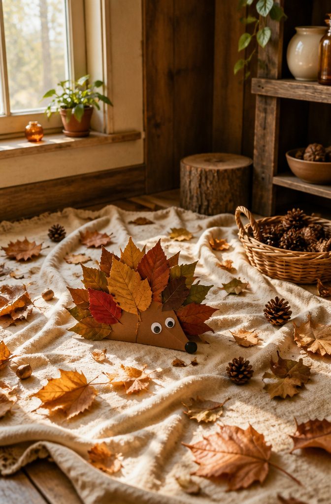 A hedgehog craft made from a paper oval covered with leaves.