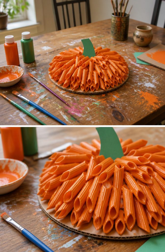 Painted pasta arranged to resemble pumpkins on cardboard.