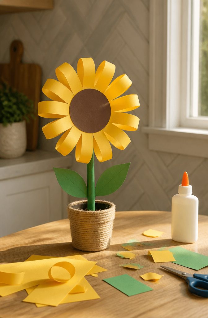 A sunflower crafted from loops of yellow construction paper.