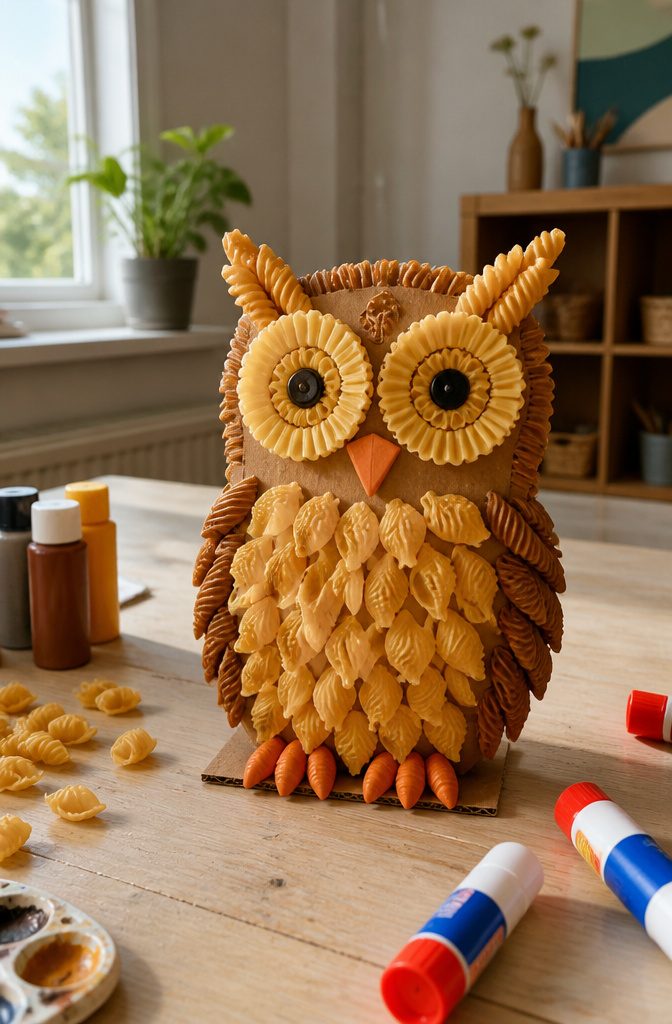 An owl made from layered pasta shapes on a cardboard base.
