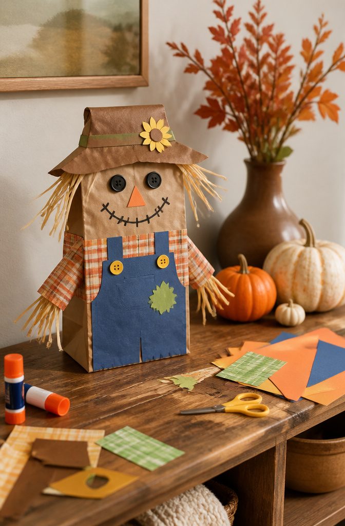 A scarecrow crafted from a brown paper bag with button eyes.
