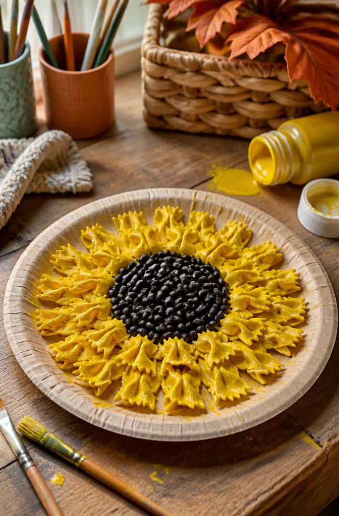 A sunflower made from yellow painted pasta on a paper plate.