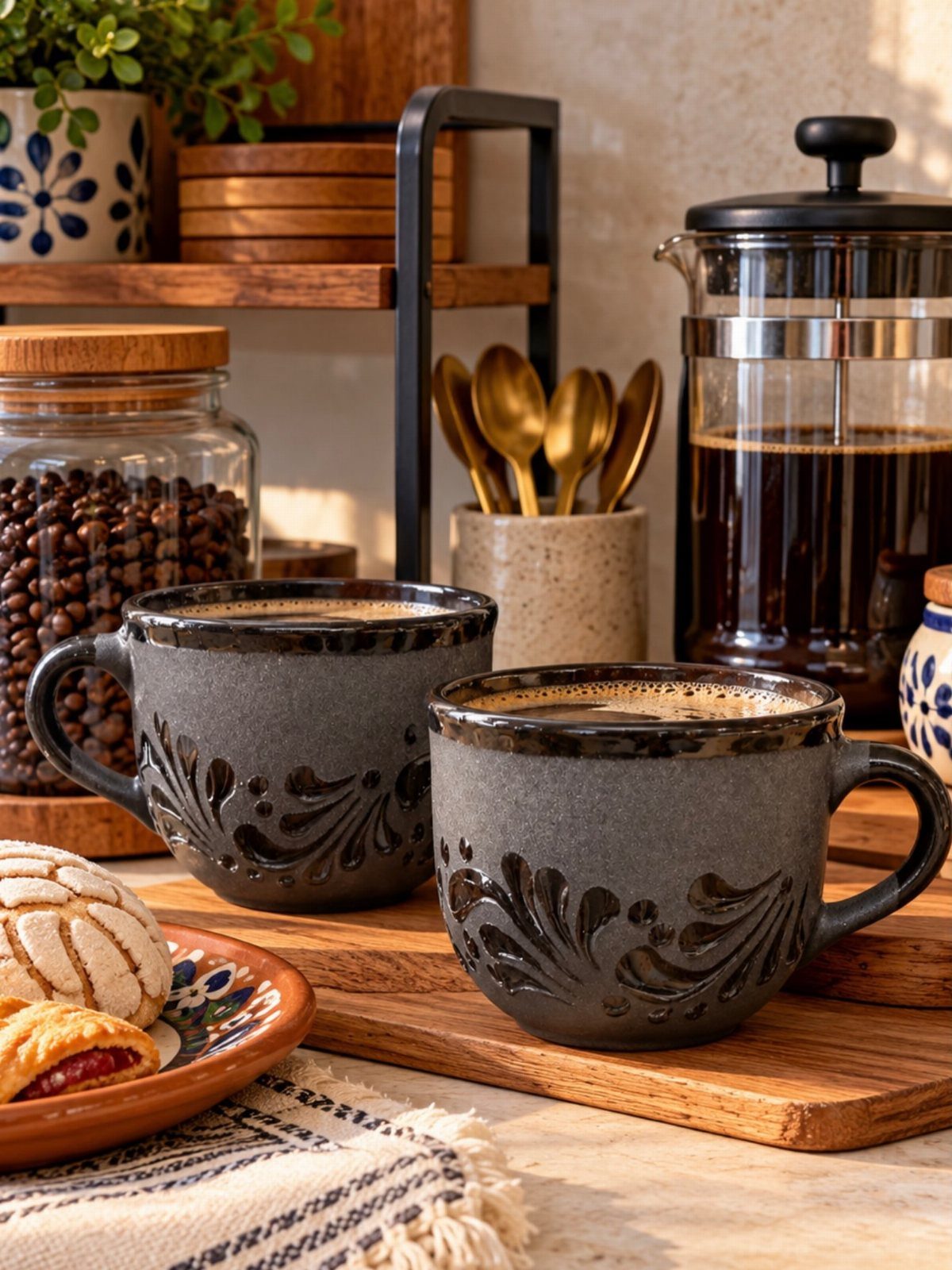 Fancy Dinnerware Set Ideas for 2026 Tables (28 Styles) 8 Two dark grey embossed ceramic mugs filled with coffee on a wooden board.