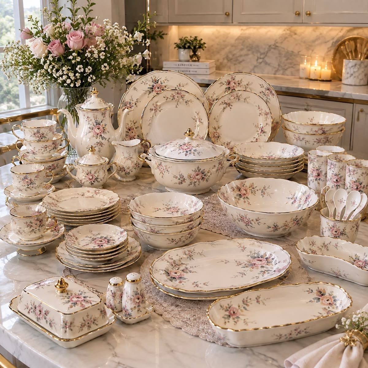 Fancy Dinnerware Set Ideas for 2026 Tables (28 Styles) 11 Floral white porcelain dinnerware set with gold rims on a white marble counter.