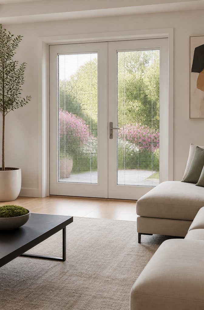 French doors with built-in blinds sealed between glass panes.