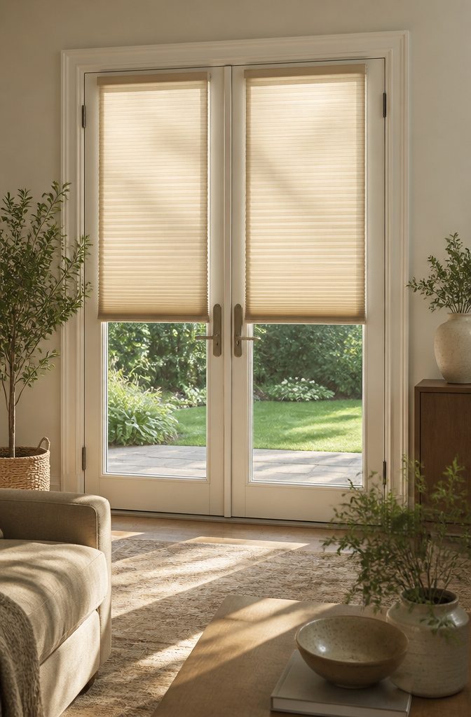 French doors with honeycomb cellular shades and aluminum tracks.