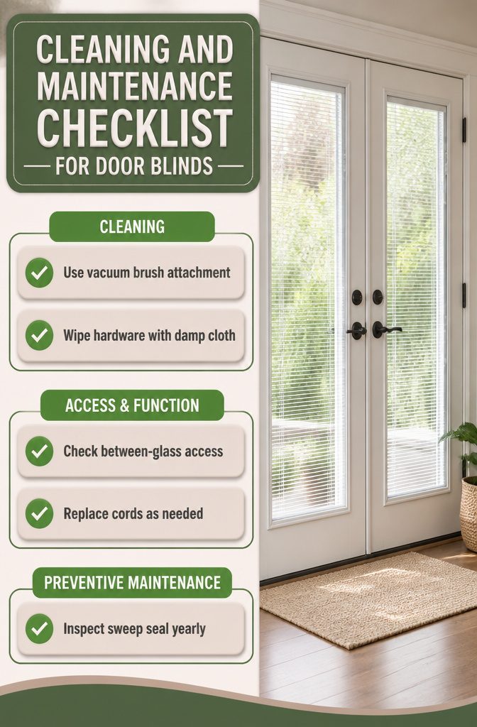 Checklist for cleaning and maintaining door blinds.