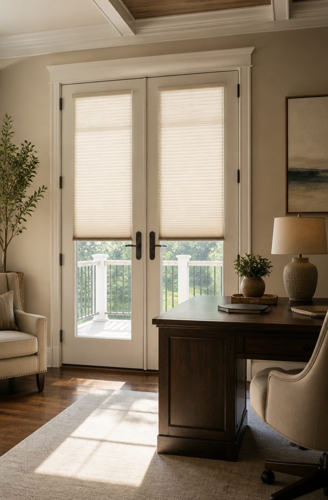 French doors with motorized blinds using an iBlinds retrofit kit.