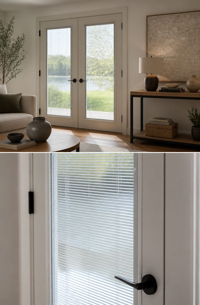 French doors with integrated blinds in the door frame.