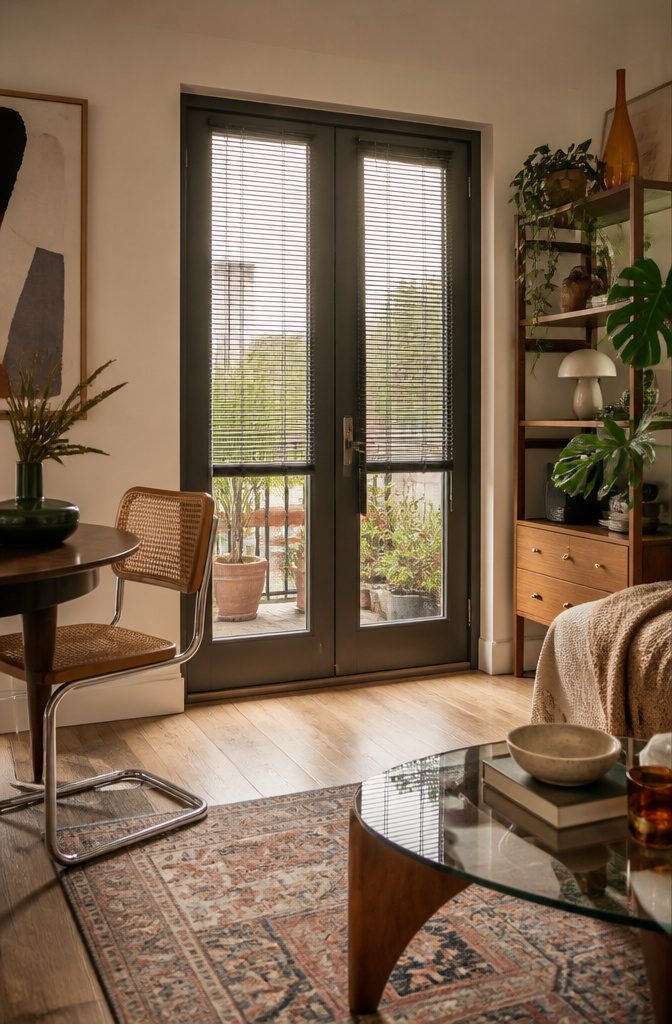 French doors with metal mini blinds featuring a cut-out around the handle.