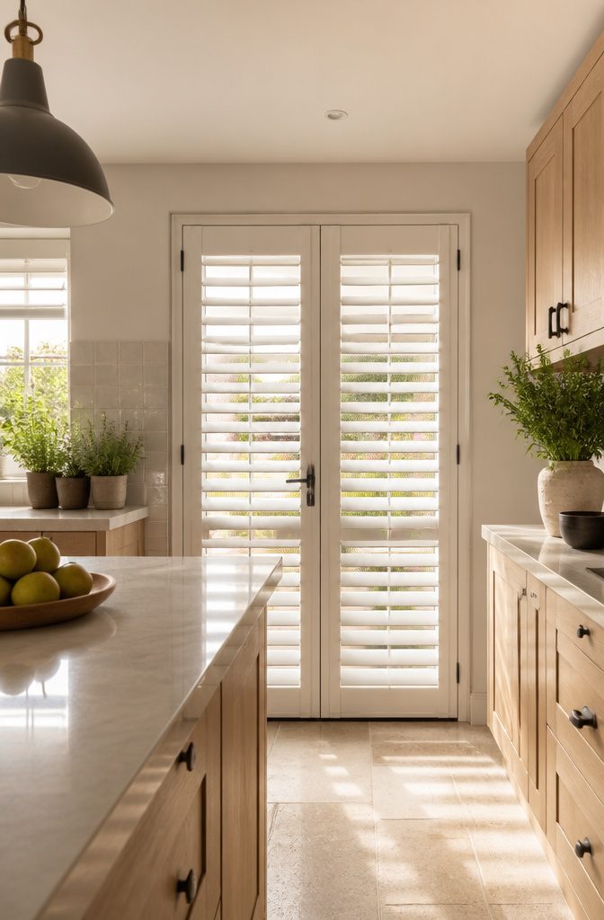 French doors featuring white polysatin shutters in a bright kitchen.