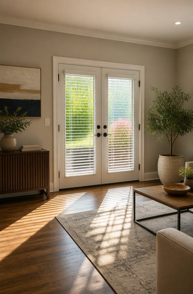 French doors with slats tilted to reduce sunlight glare.