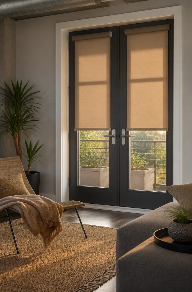 French doors with roller shades in a stylish loft setting.