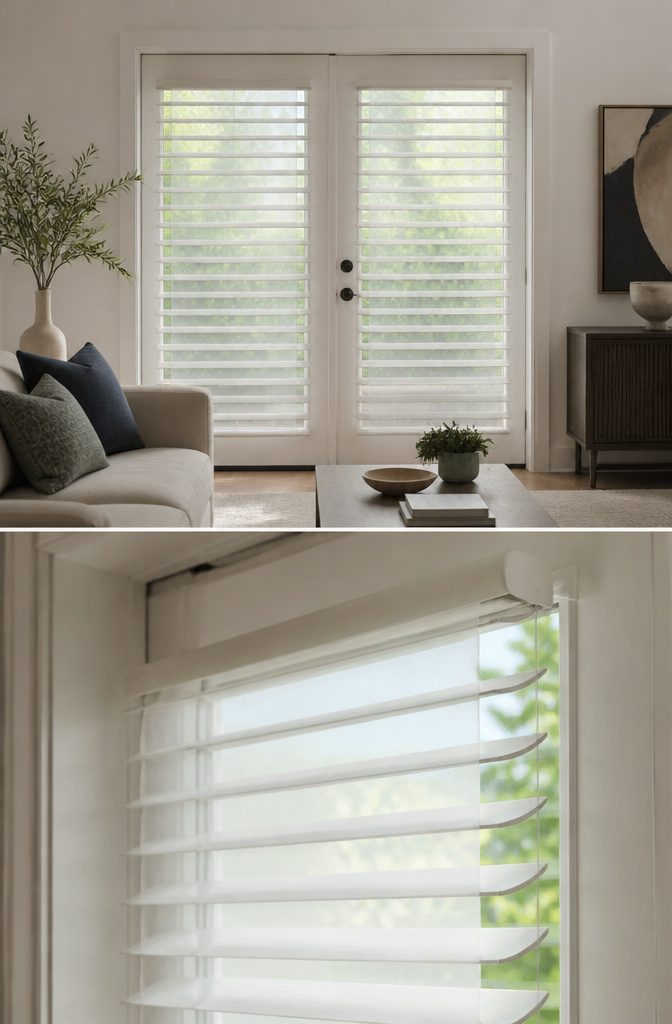French doors with Silhouette Window Shadings and S-shaped vanes.