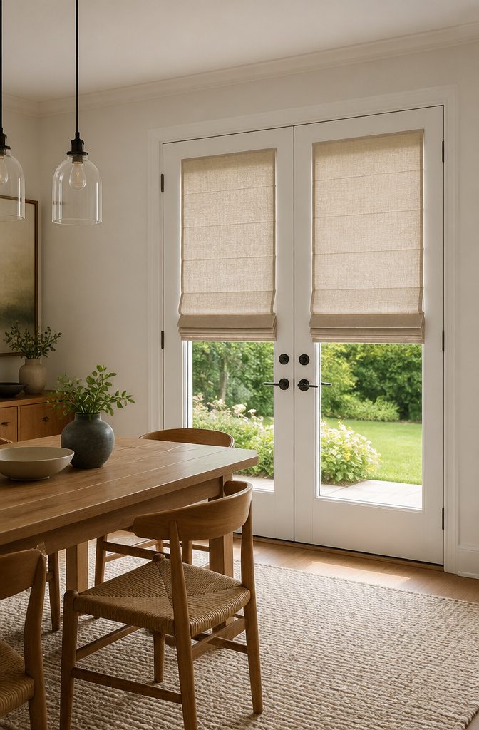 French doors dressed with flat fold Vignette modern roman shades.