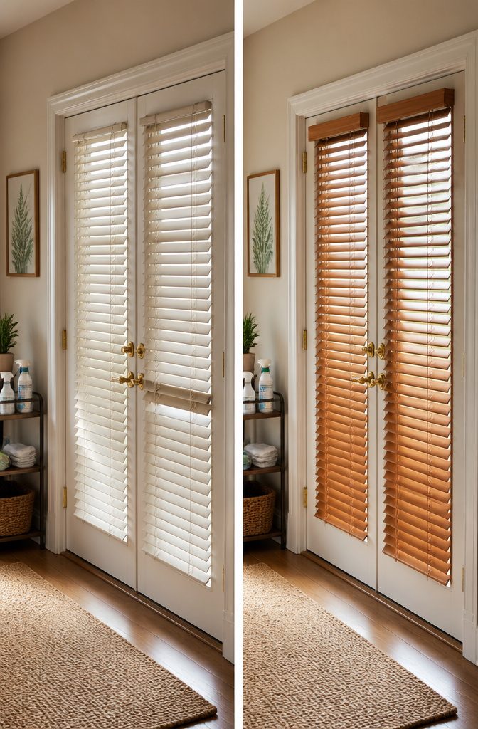 Wood blinds on a French door in a humid environment.