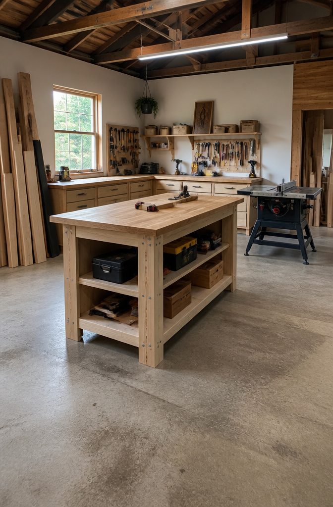 9 Garage Workshop Ideas for Layout, Storage & Workflow (2026) 2 A central workbench in a garage with a table saw nearby.
