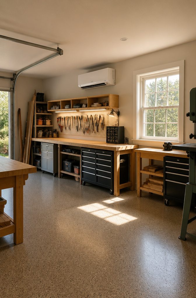 9 Garage Workshop Ideas for Layout, Storage & Workflow (2026) 9 A mini-split heat pump mounted in a garage workshop.