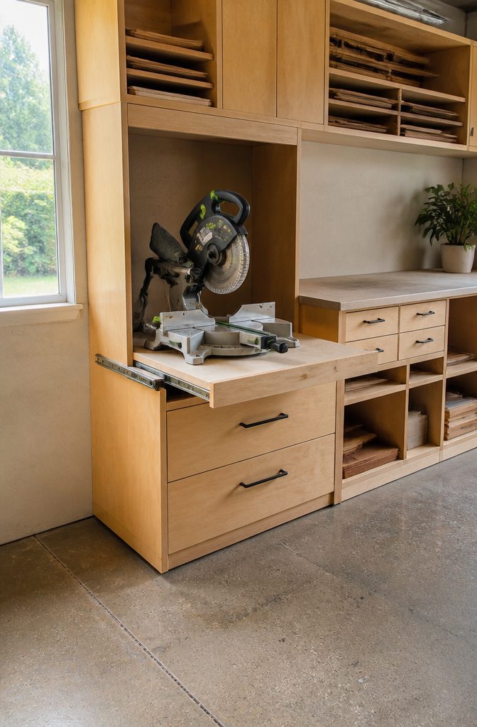 9 Garage Workshop Ideas for Layout, Storage & Workflow (2026) 13 A cabinet with a pull-out shelf beneath a miter saw.