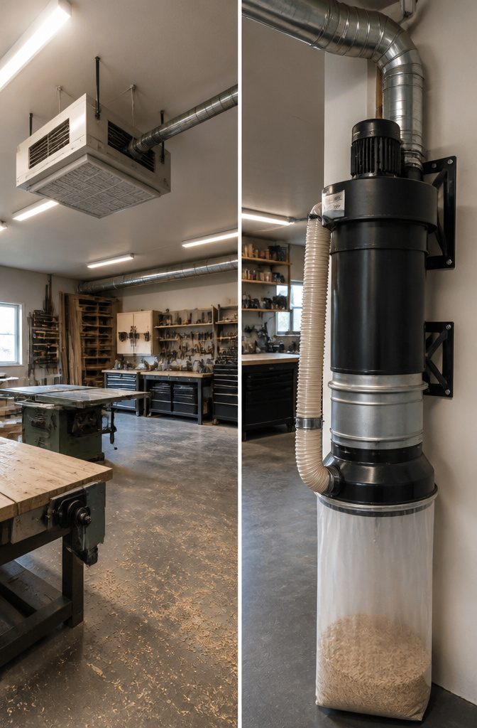 9 Garage Workshop Ideas for Layout, Storage & Workflow (2026) 8 A wall-mounted dust collector system in a garage.