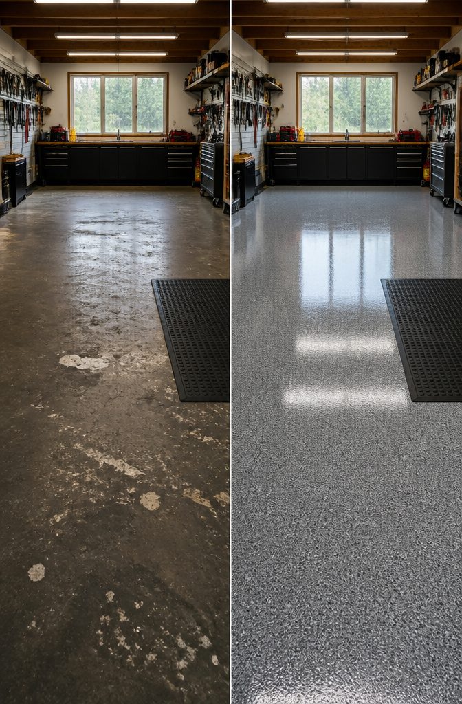 9 Garage Workshop Ideas for Layout, Storage & Workflow (2026) 11 An epoxy floor coating in a garage workshop.