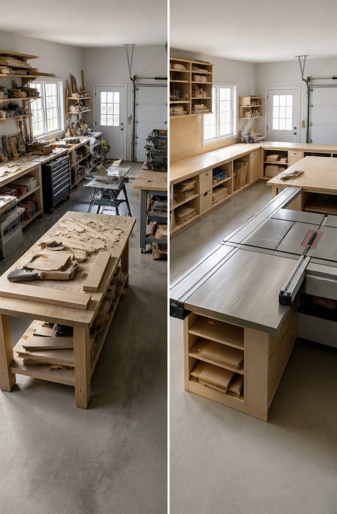 9 Garage Workshop Ideas for Layout, Storage & Workflow (2026) 14 A U-shaped work area in a garage workshop.