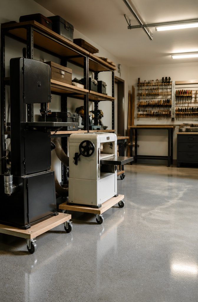9 Garage Workshop Ideas for Layout, Storage & Workflow (2026) 6 A planer and band saw on mobile bases in a garage.