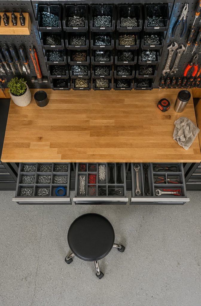 9 Garage Workshop Ideas for Layout, Storage & Workflow (2026) 10 Labeled Akro-Mils bins mounted on a pegboard.