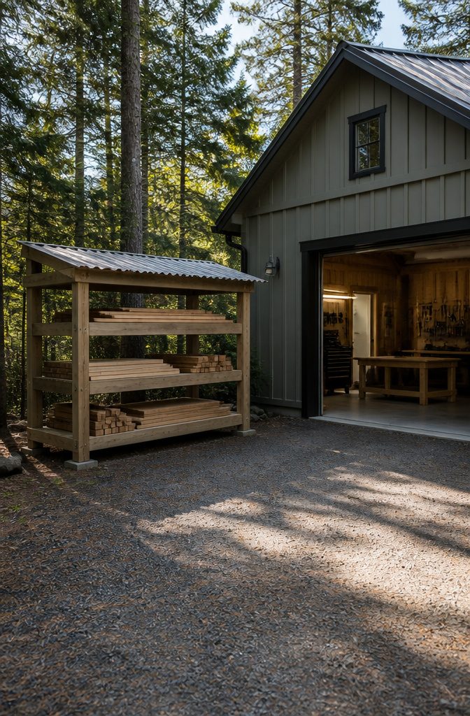 9 Garage Workshop Ideas for Layout, Storage & Workflow (2026) 12 A covered lumber rack outside a garage.