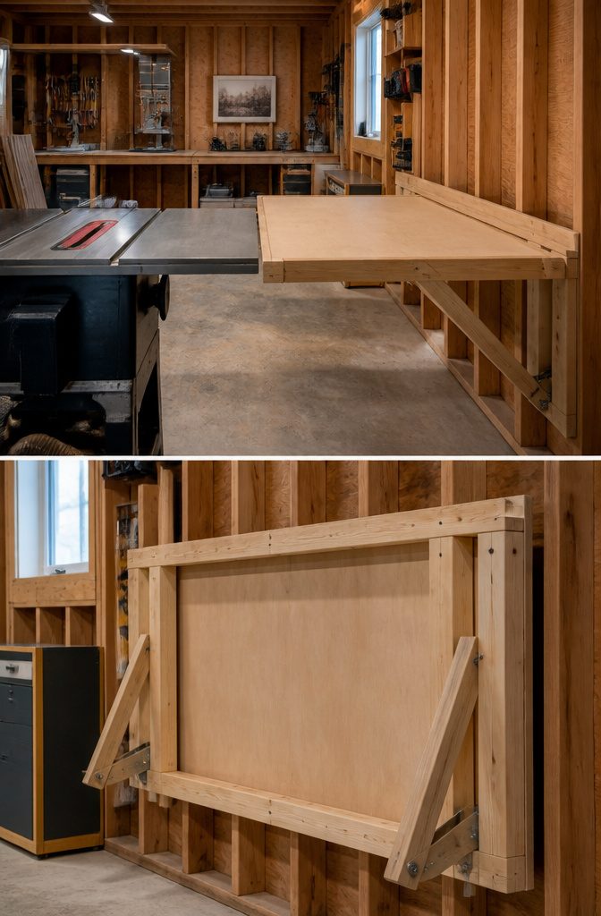 9 Garage Workshop Ideas for Layout, Storage & Workflow (2026) 4 A folding outfeed table attached to a garage wall.