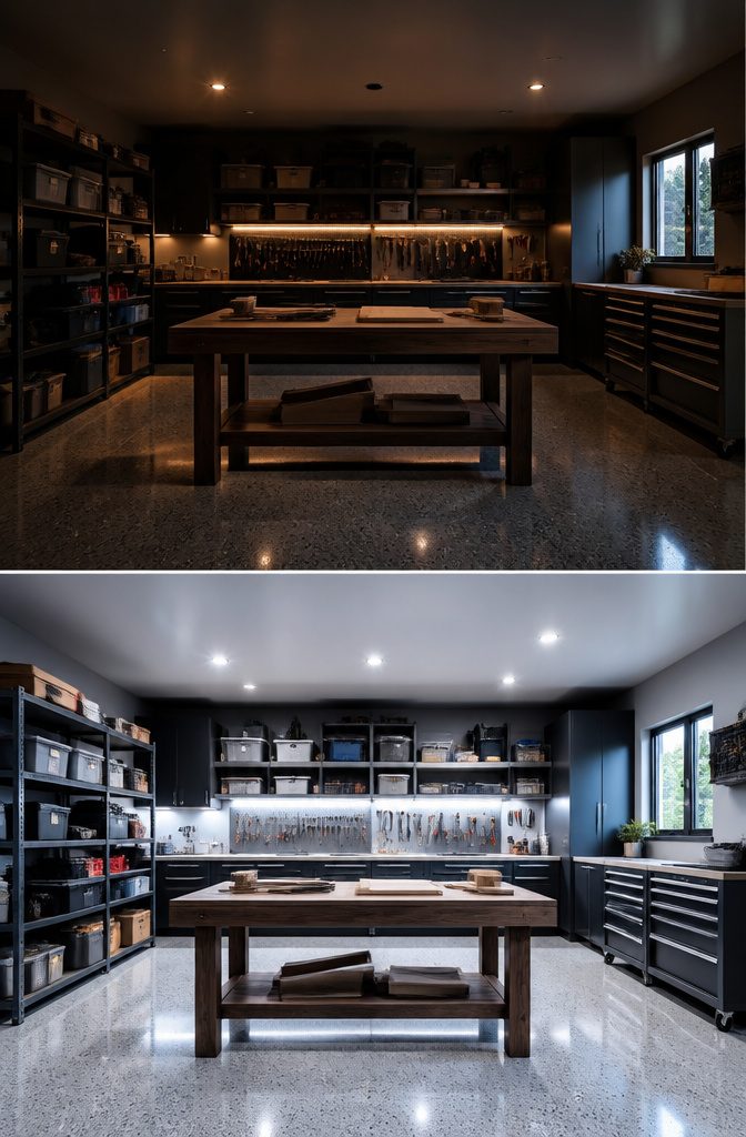 9 Garage Workshop Ideas for Layout, Storage & Workflow (2026) 7 LED shop lights installed in a garage workshop.